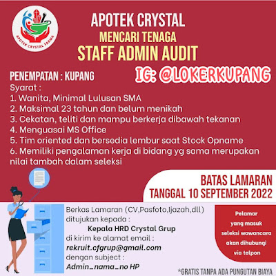 Lowongan Kerja Apotek Crystal Sebagai Staff Admin Audit