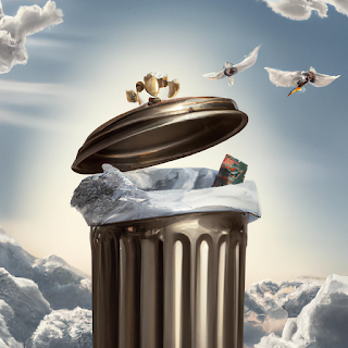 A Baroque style painting of a trash can in heaven