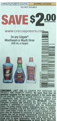 $2/1 Colgate Mouthwash or Mouth Rinse (400 ml+) (LIMIT 4), 4/14 SS #1, exp. 4/27/2019