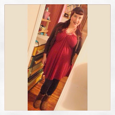 Bridget Eileen in curvy cottage core maroon summer dress winterized for a winter outfit of the day