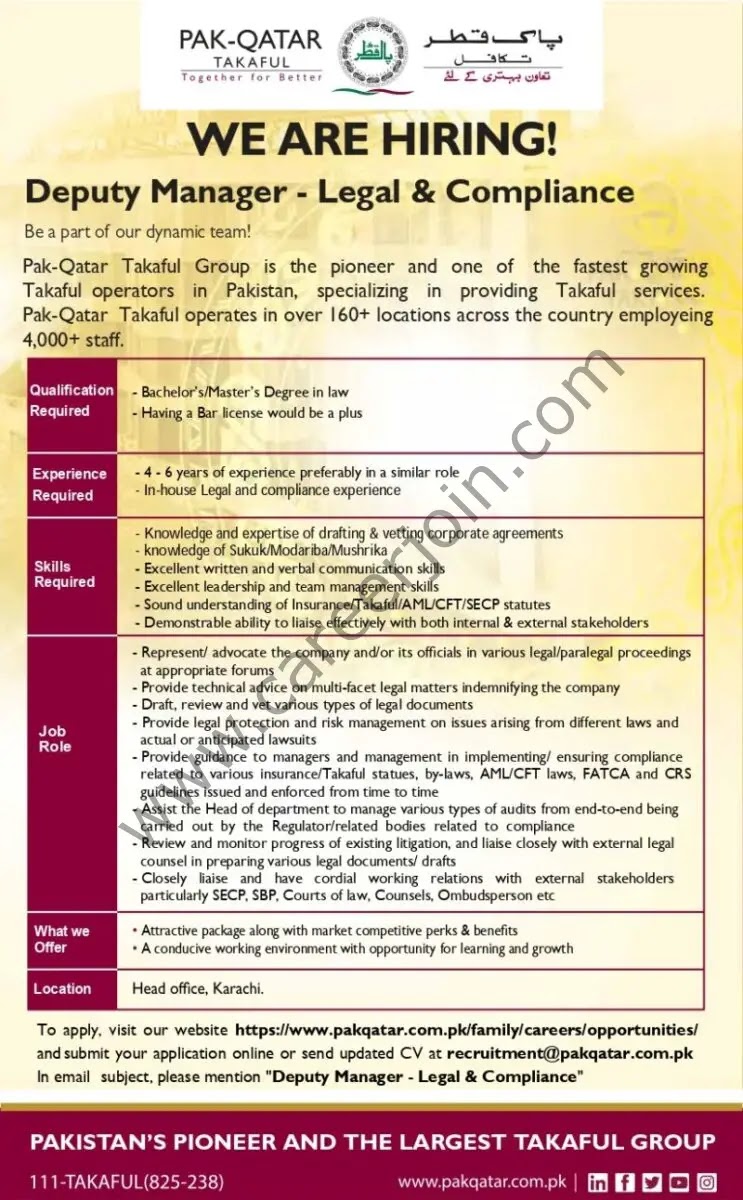 Jobs in Pak Qatar Takaful Group