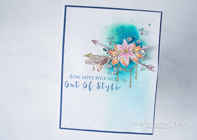 This fun any occasion card is perfect for that free spirit in your life.  The watercolor background is super easy to create.  Using Fun Stampers Journey's Happy Adventure Stamp Set.  