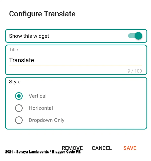 Translate gadget control panel