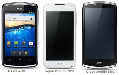 harga hp android acer terbaru, fitur dan gambar ponsel acer seri Liquid Z110, Liquid Gallant E350, dan Cloud Mobile S500