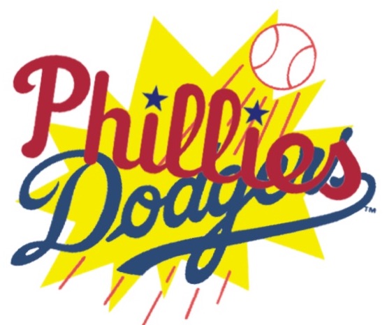 Phillies logo laid diagonally over Dodgers logo, with baseball trailing speed lines in background and comics-style burst suggesting that logos have collided