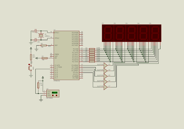 AT89C52 interfaces to a one wire DS18B20 digital thermometer