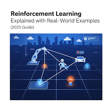 A digital illustration depicting the concept of reinforcement learning. In the foreground, a robotic arm extends towards a small humanoid robot, which is connected by lines to several glowing nodes on a grid. In the background, a cityscape silhouette and a car with "x20" above it are visible. The overall scene is in shades of blue and white, with some orange accents. The text "Reinforcement Learning Explained with Real-World Examples (2025 Guide)" is at the top.