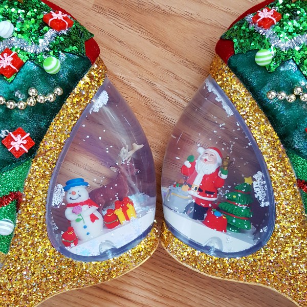 close up of snow globe heels on Irregular Choice Christmas shoes