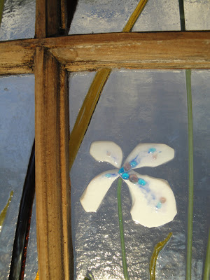 Fused Glass Iris in Antique Wooden Window Frame Recycled Upcycled flutterbybutterfly