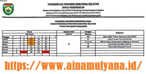Kalender Pendidikan Tahun Pelajaran 2022/2023 Provinsi Sumatera Selatan