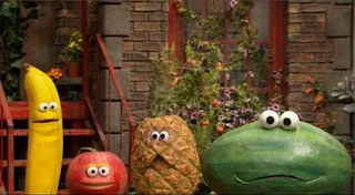 A bunch of fruit set up today's theme of fruit. The banana nearly throws off the proceedings, uttering monkey due to his nervousness. Sesame Street Episode 5011, The Great Fruit Strike, Season 50
