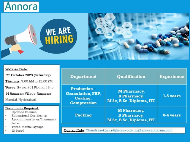 Annora Pharma | Walk-in interview for Freshers and Experienced on 7th Oct 2023