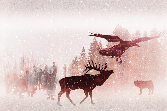 digital art, villagers, red deer, wolf, raven, animal silhouettes in snow, cohanmagazine.blogspot.com