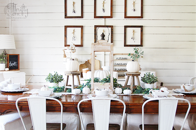 Farmhouse fall decor and decorating ideas. Neutral fall decor. Fall tablescape decor. Neutral fall place settings. White and green fall decor. How to decorate for fall. Decorate with me. Shiplap wall in dining room. Mismatched dining room chairs.