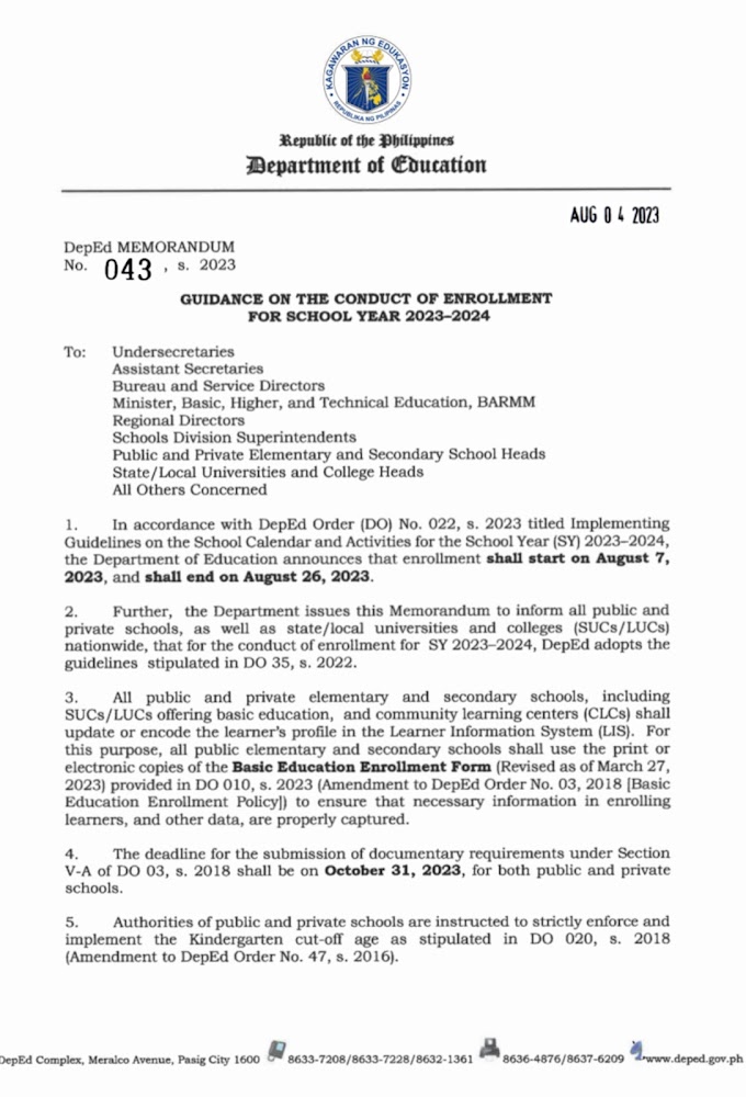 DepEd issued the GUIDANCE ON THE CONDUCT OF ENROLLMENT FOR SCHOOL YEAR 2023-2024 | Memorandum No..043 s 2023 | Download Here