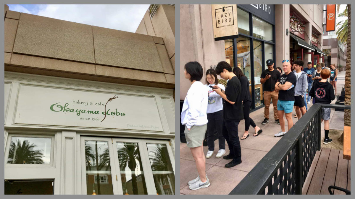 Bakery sign and line of people waiting outside.