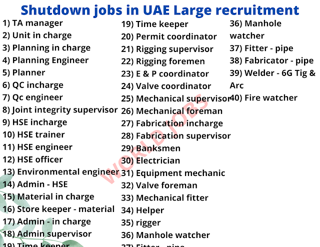 Shutdown jobs in UAE Large recruitment