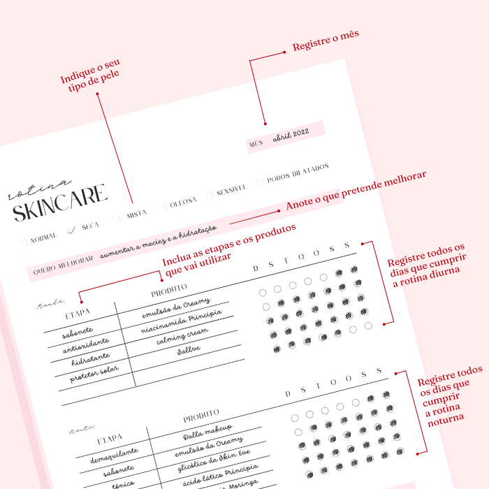 Rastreador de rotina de skincare para imprimir
