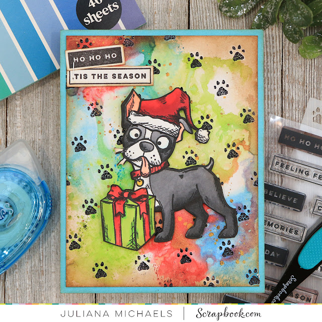 Santa Paws Christmas Card by Juliana Michaels featuring Tim Holtz Crazy Dogs and Scrapbook.com Little Paws Stencil