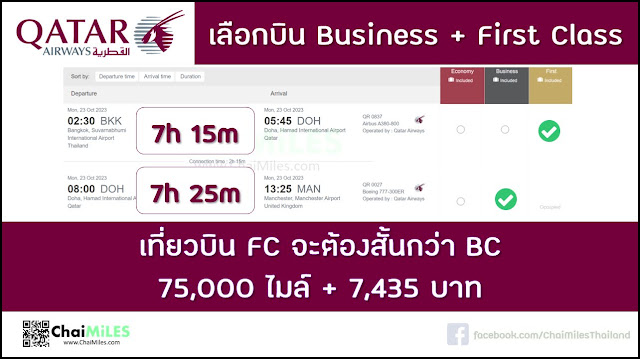 Qatar แลกไมล์ First Class + Business Class