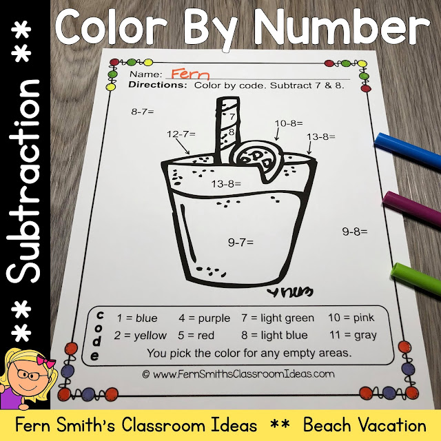 Click Here for the Color By Number Subtraction Beach Vacation Fun Printable Worksheets Resource