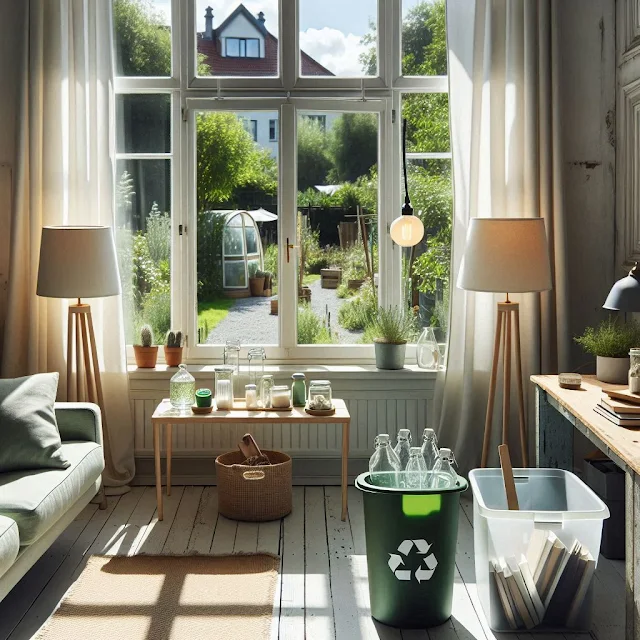 Vue d'un coin salon lumineux avec une grande fenêtre donnant sur un jardin, mettant en avant un bac de recyclage rempli de bouteilles en verre.