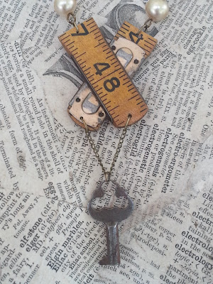 necklace with antique key, vintage ruler, 