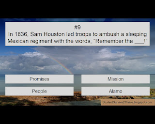 In 1836, Sam Houston led troops to ambush a sleeping Mexican regiment with the words, “Remember the ___!” Answer choices include: Promises, Mission, People, Alamo