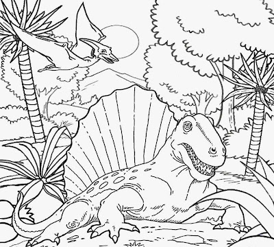 Early Permian period wetland swamp habitat sail backed Dimetrodon dinosaur lizard monster colouring