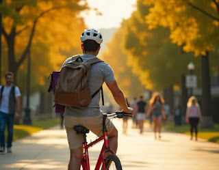College student commuting to class by bicycle on a sunny day."