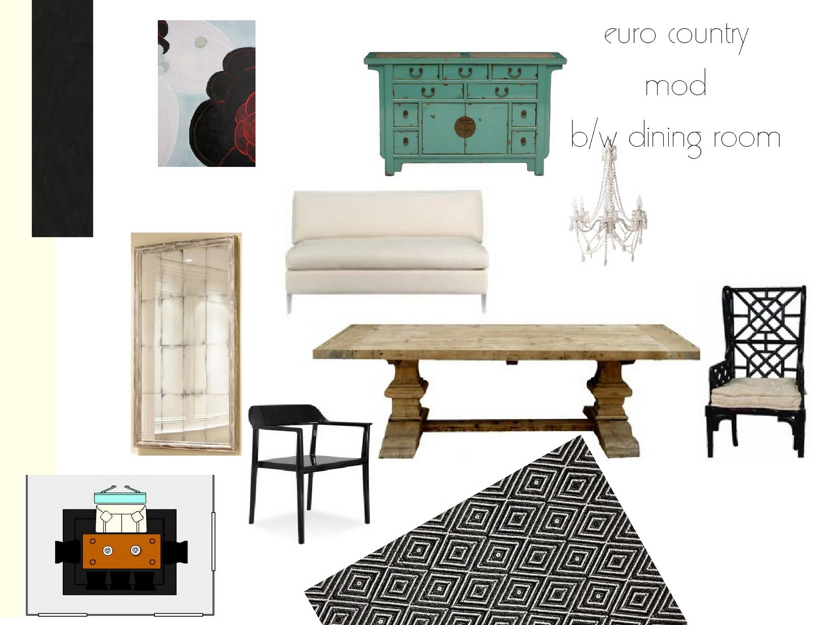 style board: euro country mod, black & white dining room title=