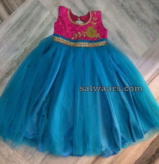 Simple Sky Blue Frock Rose Floral Design