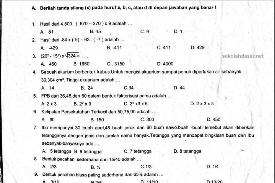 Soal Uas Matematika Kelas 6 K 13 Dan Kunci Jawabannya