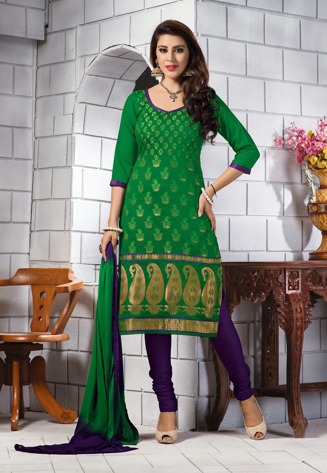  Green with Purple Banarsi Chanderi Silk Salwar Kameez
