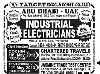 Visa Ready For Industrial Electricians  Abu Dhabi - UAE