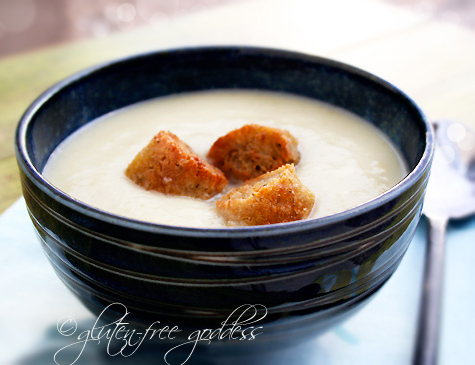 Gluten free vegan and dairy free celery soup with ryeless rye croutons