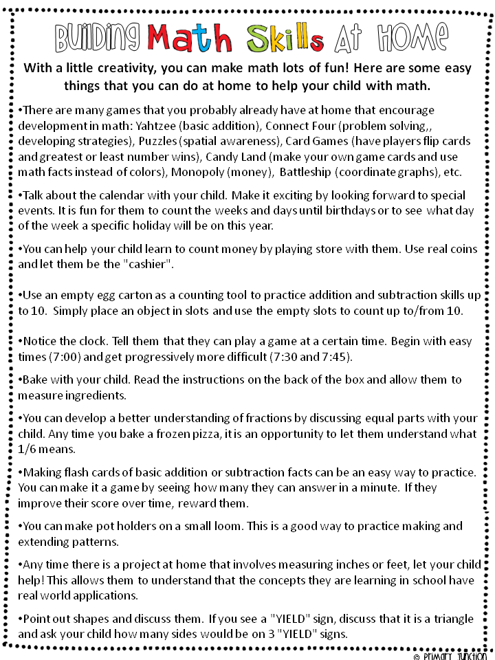 Building Math Skills At Home – Parent Handout | Primary Junction