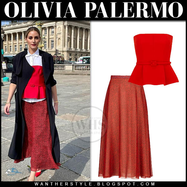 Olivia Palermo in red peplum bustier, red midi skirt and black coat