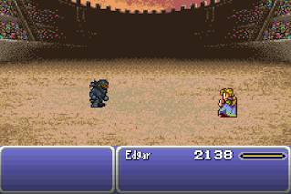 Edgar battles Shadow at the Dragon's Neck Coliseum in Final Fantasy VI.