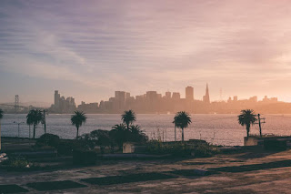 Vue sur des palmiers, le Golden Gate bridge et Los Angeles