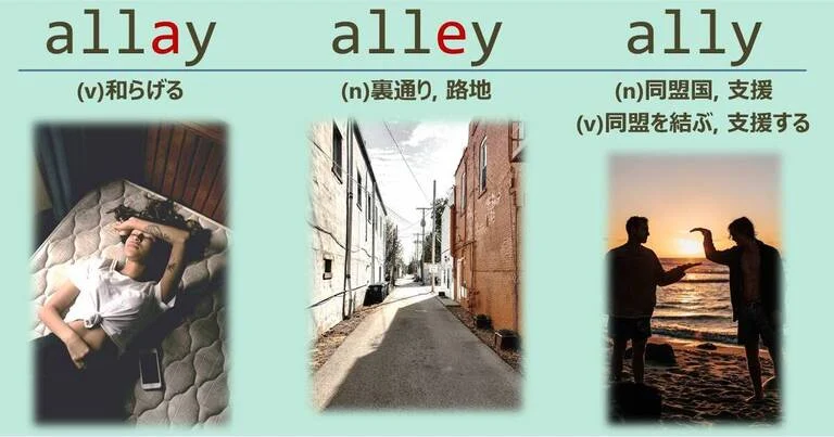 allay, alley, ally, スペルが似ている英単語