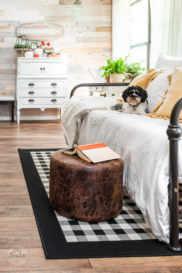 wood wall, white dresser, vintage daybed, buffalo check rug, leather ottoman, puppy