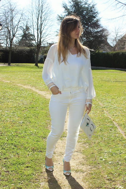 Total look blanc, blouse zara les petites bulles de ma vie