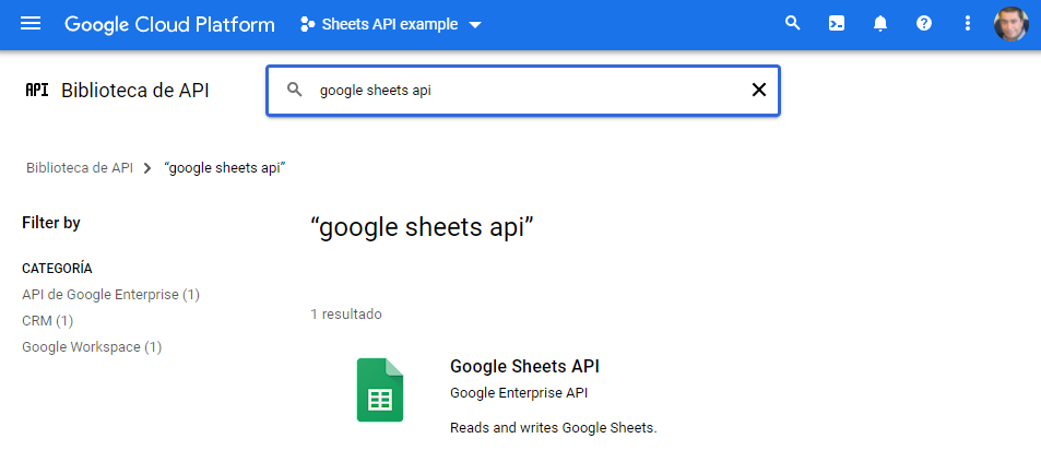 Resultados de la búsqueda de la API de Google Sheets