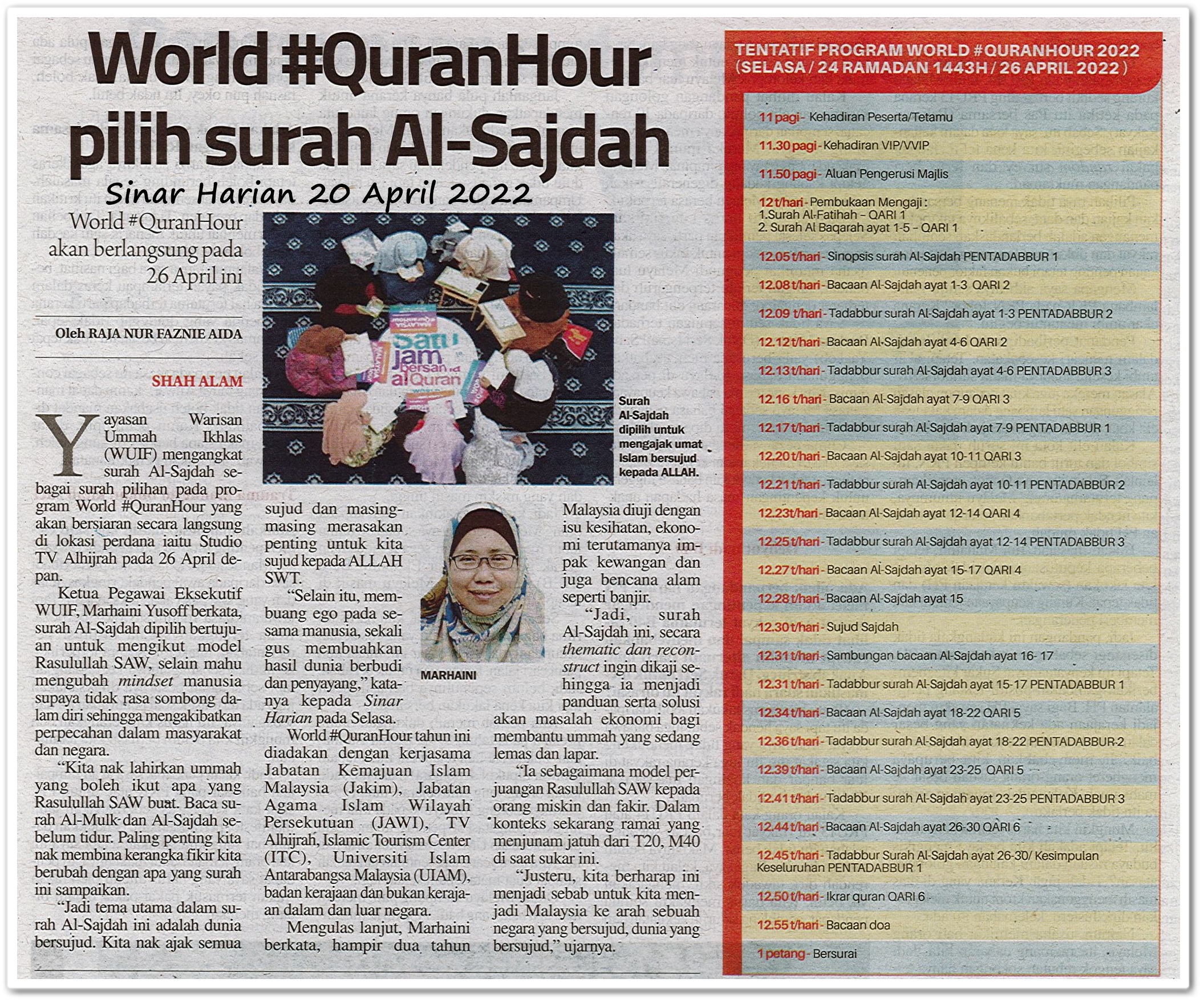 World QuranHour pilih surah Al-Sajdah - Keratan akhbar Sinar Harian 20 April 2022
