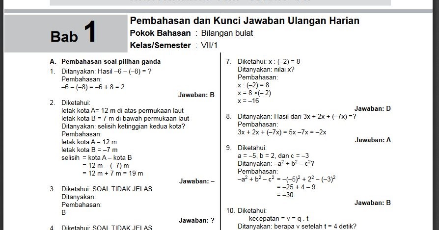 Kunci Jawaban Matematika Kelas 7 Kurikulum 2013 Semester 2