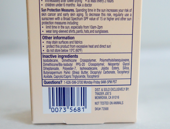 Trader Joe's Daily Facial Sunscreen inactive ingredients