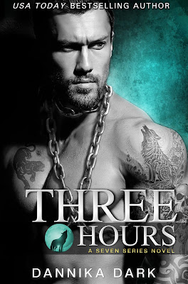 Three Hours book cover, a handsome man with short hair and a short beard gripping a chain around his neck, tattoos covering his body. Background is bright teal.