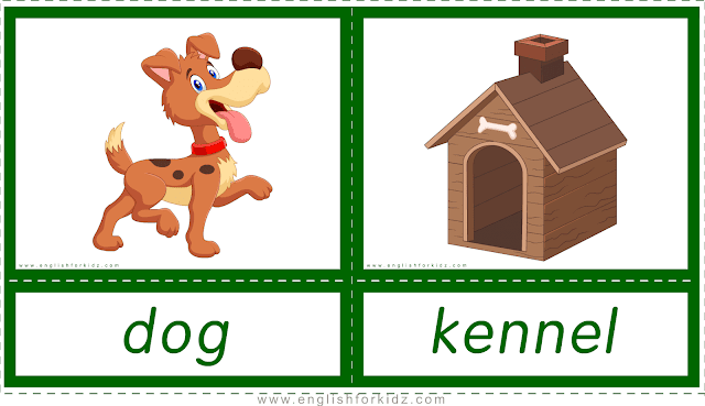 Animal homes and habitats -- dog - kennel -- printable flashcards for English learners