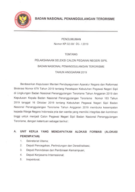 Pelaksanaan CPNS Badan Nasional Penanggulan Terorisme Tahun Anggaran 2019